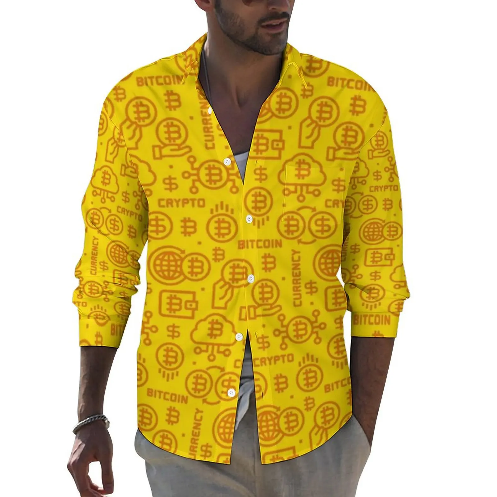 

Bitcoin Yellow Logo Shirt Cryptocurrency Casual Shirts Long Sleeve Graphic Aesthetic Blouses Autumn Loose Oversize Clothes