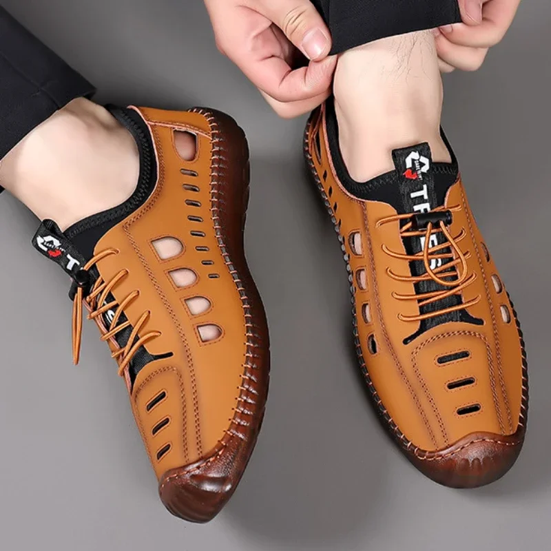 2025 Summer  Tendon Sole Casual Leather Shoes Outdoor Beach Men Leather Sandals Breathable Non-slip Men's Soft Leather