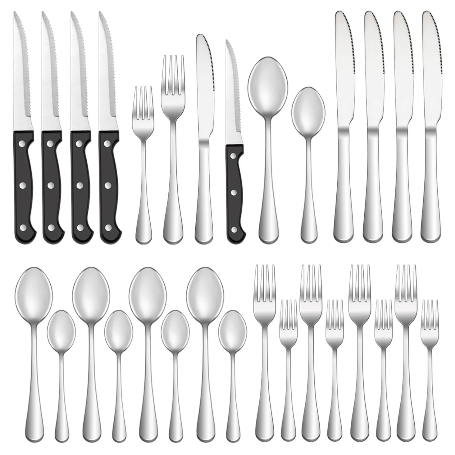 

24 Piece Set of Stainless Steel Knives, Forks, Spoons, Western Silver and Black Steak Cutlery Set