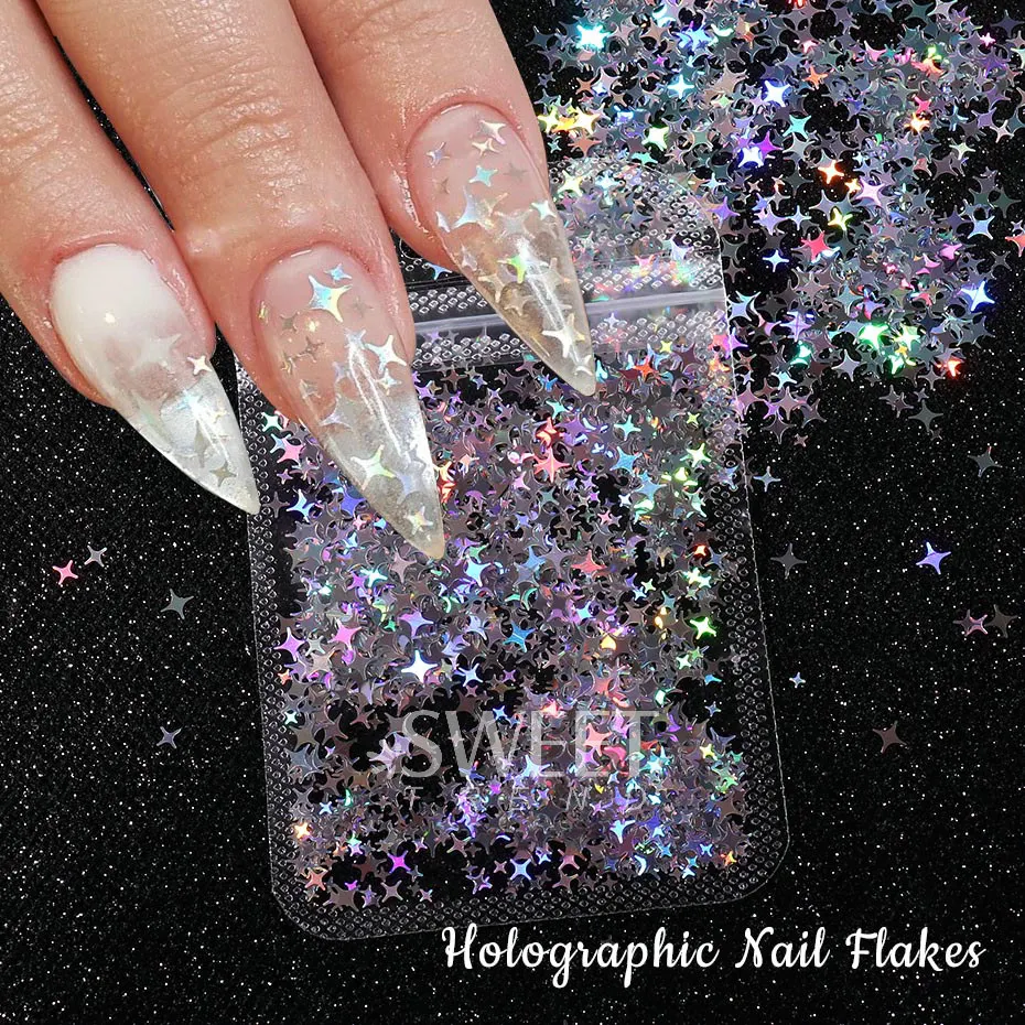 Estrela De Quatro Pontas Holográfica Prego Lantejoulas, Sparkly Laser Design, Charme Floco De Glitter, Shinning Manicure Decoração Fatia