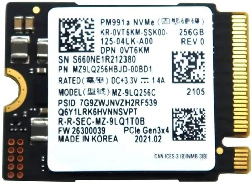 

Твердотельный накопитель Dell VT6KM (Samsung MZ-9LQ256C) Samsung MZ9LQ256HBJD-00BD1 PM991A 256 ГБ — TLC Nand Flash — M2 — восстановленный