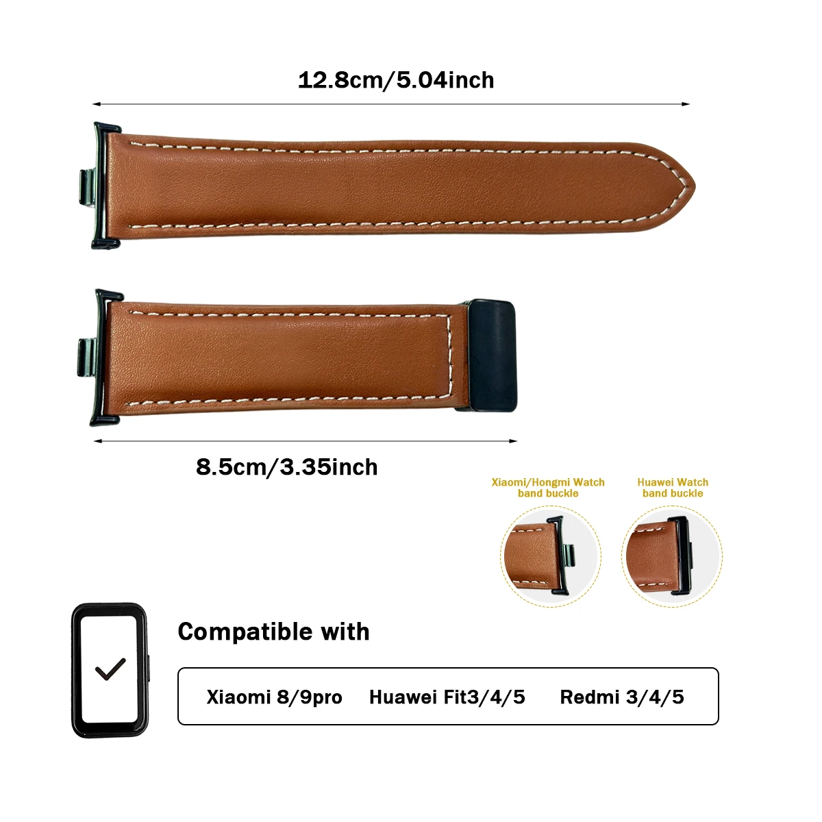 Suitable for Huawei Fit 3 Xiaomi 8/9 Pro and Redmi 3/4/5/6 Napa-textured double-sided leather watch strap, soft and comfortable.