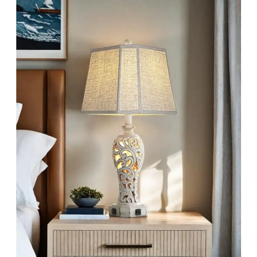 

25'' Farmhouse Table Lamp for Living Room Bedroom 2 USB Ports Vintage Rustic Nightstand Desk Lamp with Nightlight White Hollow