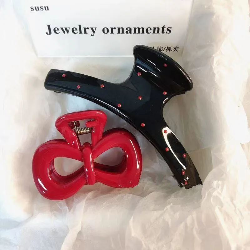 2Pcs French Style Black Polka Dot Red Bow Hair Clip Shark Claw Horsetail Clamp Hairpin Barrette Korean Hair Accessory For Women