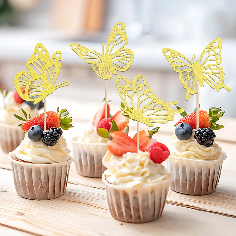 YOMDID 24 Stück glitzernde Schmetterlings-Kuchenaufsätze, Cupcake-Topper, Kindergeburtstag, Cupcake-Picks, Dessert-Dekoration, Babyparty-Geschenk