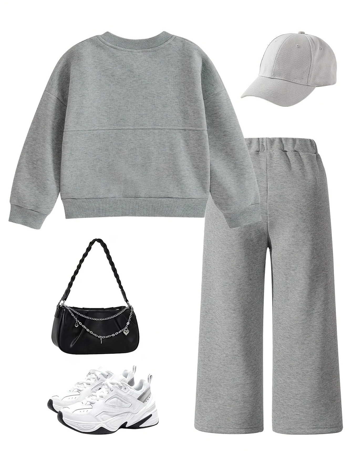 Mädchen 2-teiliges Sport-Casual-Set (Frühling/Herbst): Jacke in Melange-Grau mit Reißverschluss + lässige Hose mit weitem Bein und mittiger Naht – Detail 2