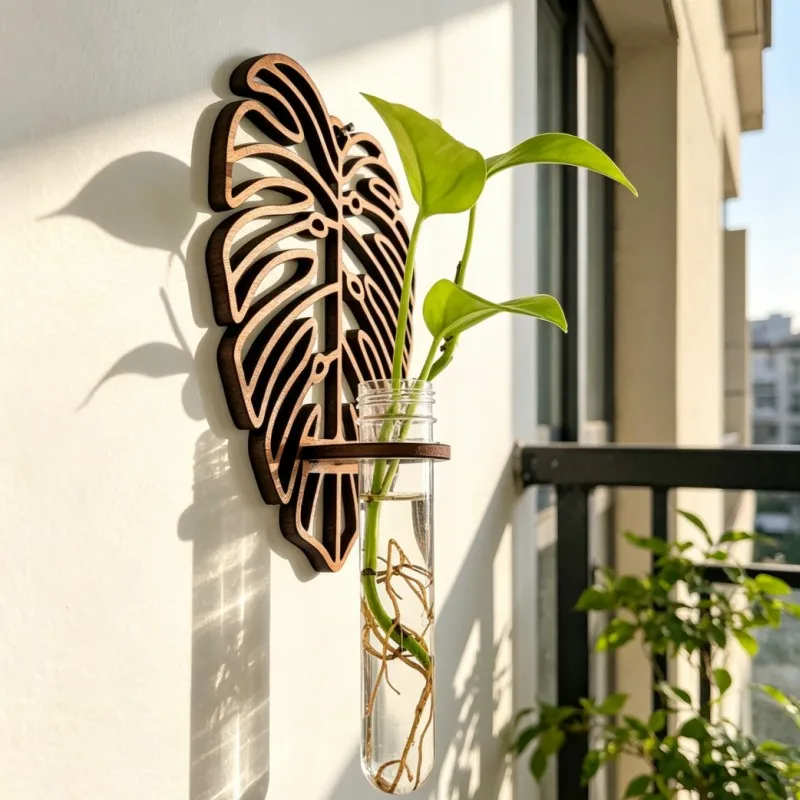 2 Sets Modern Monstera Wall Hanging Planter Wood Carved Clear Tube Hydroponic Plant Holder Space Saving Home Decor