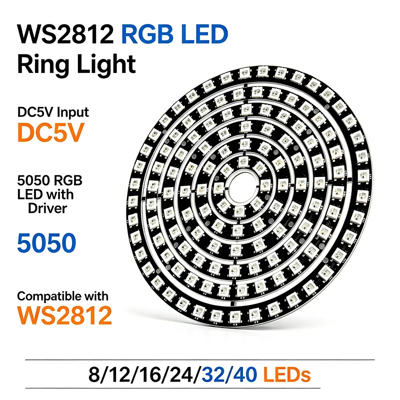 1PC WS2812B LED Ring 8/12/16/24/32/40 LEDs SMD5050 RGB Pixel Individually Addressable Built-in IC WS2812 Smart DC5V Black PCB
