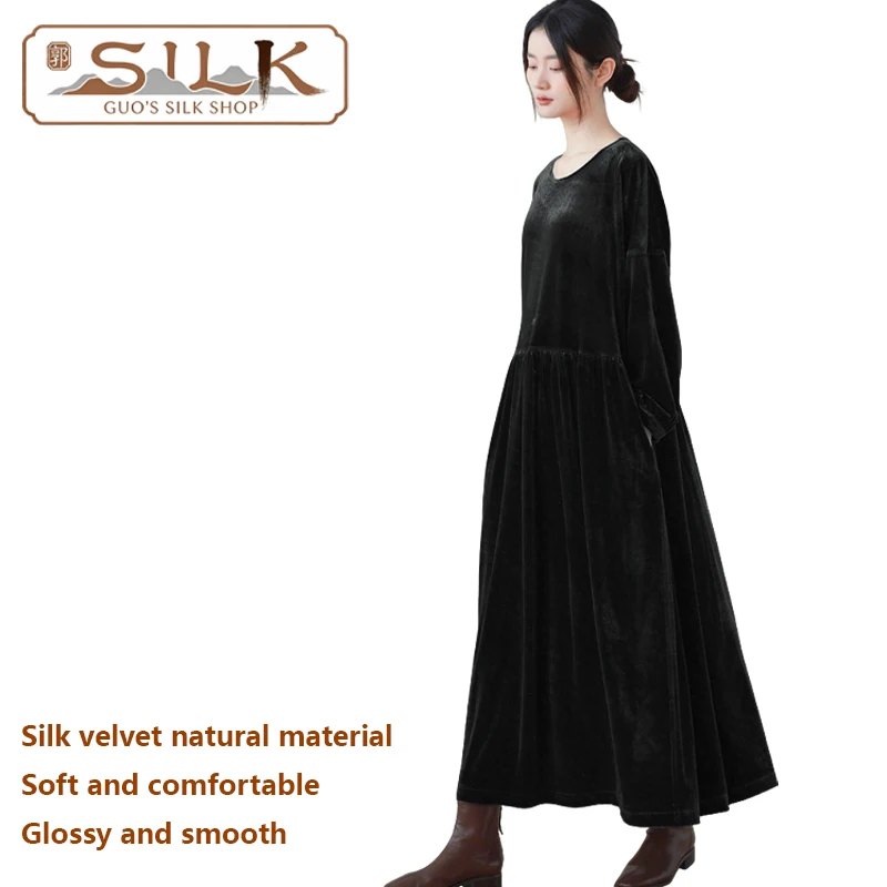 

Роскошное шелковистое женское платье с длинными рукавами, круглым вырезом, свободного кроя, длинная юбка, одежда больших размеров для женщин, мягкое и нежное