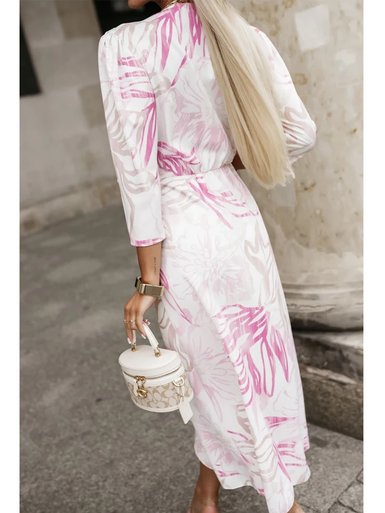 Abito lungo stampato moda autunnale Abito elegante in vita aderente con spalline Abito casual con scollo a V a maniche lunghe Abbigliamento da donna da ufficio