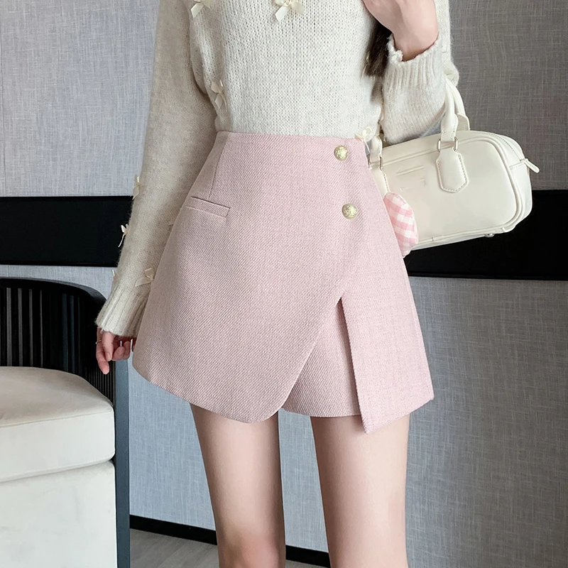 

New Fashion Buttons High Waist Shorts Skirts Womens Autumn Winter Woolen Blend Shorts Korean Style Ladies Pink Elegant Culottes