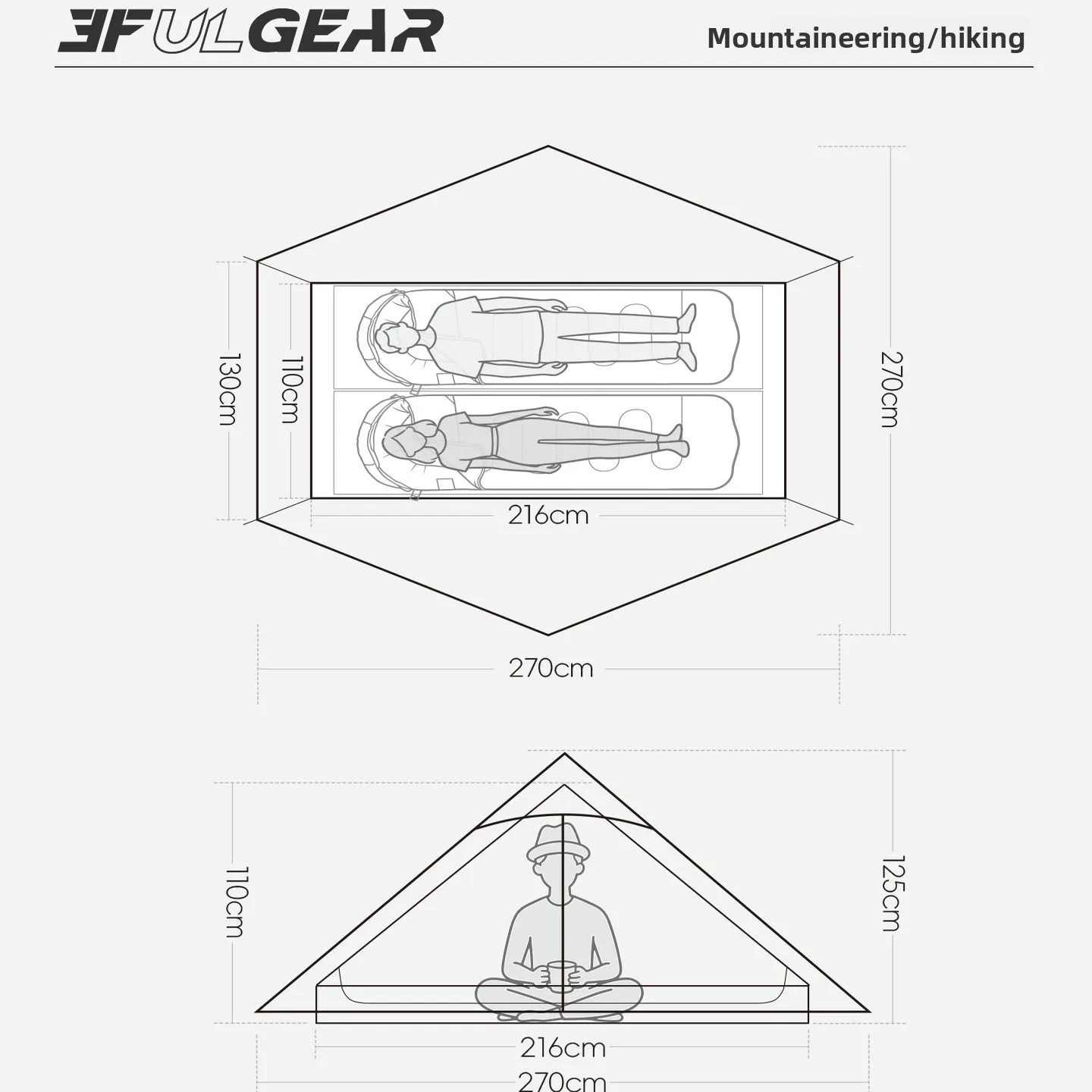 3F UL GEAR Blue Mountain Double-person ultra-light 15D silicon-coated poleless tent pyramid tent does not include ground cover view 5