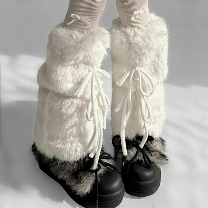 

Гетры из искусственного меха на шнуровке с бантом для девочек JK Harajuku, милые утепленные носки в стиле Лолиты, ботинки в стиле панк, женские длинные чулки