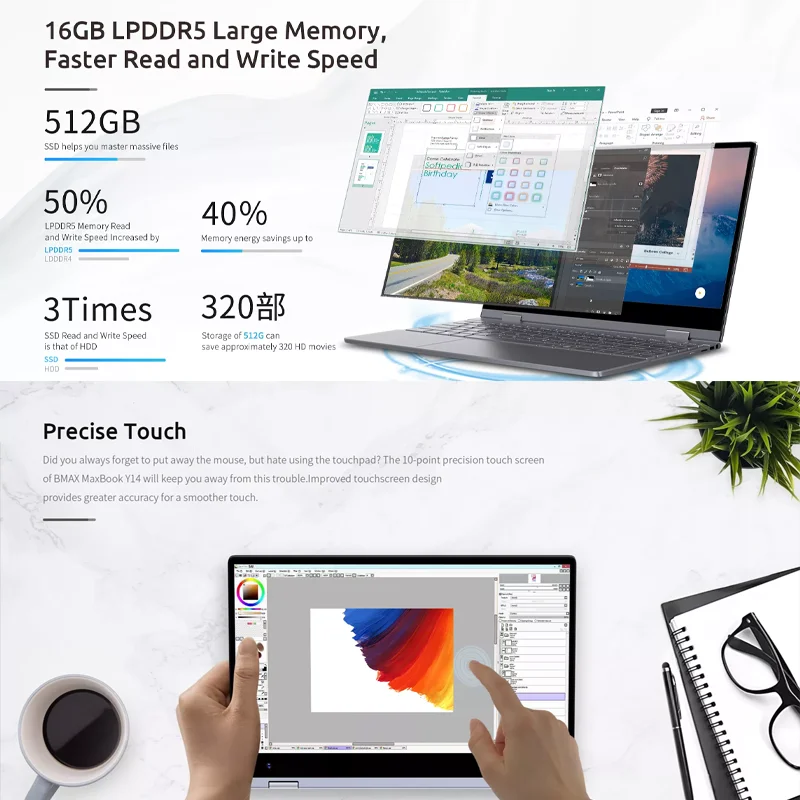 BMAX Y14 2025 360° Laptop 14 Inch Touch Notebook 16GB RAM LPDDR5 512GB SSD Windows 11 1920*1080 IPS Intel N100 Laptops Computer