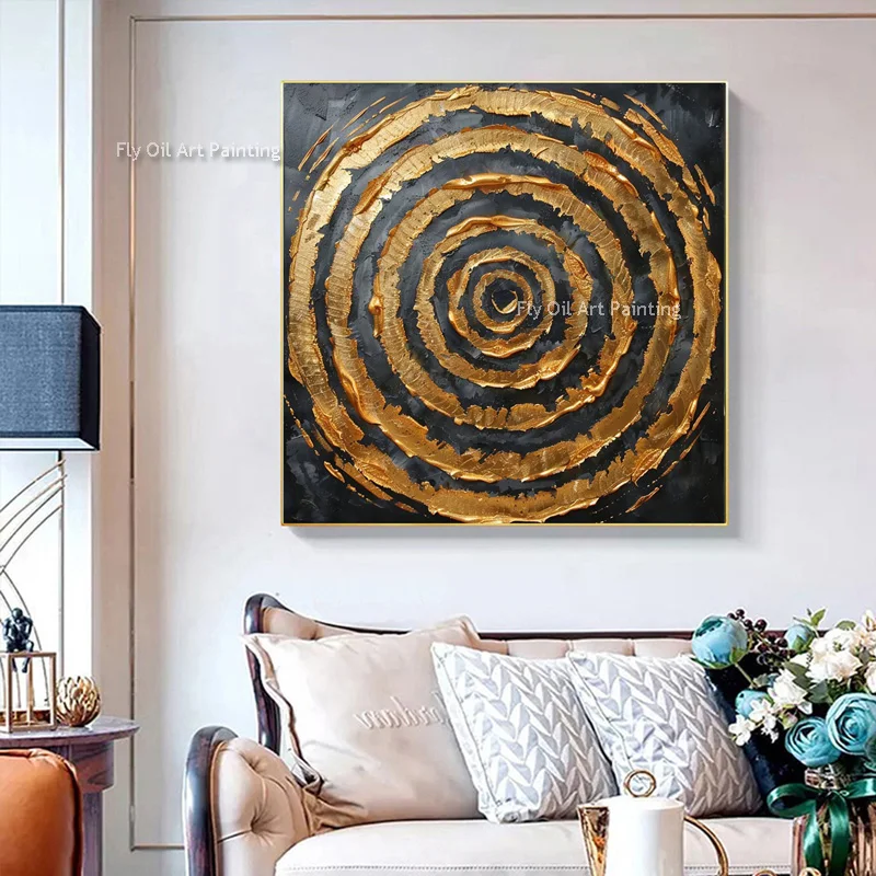 Abstract Gold Foil Circle Oil Painting On Canvas Handmade Original Texture Wall Art Custom Painting Minimalist Room Art Decor