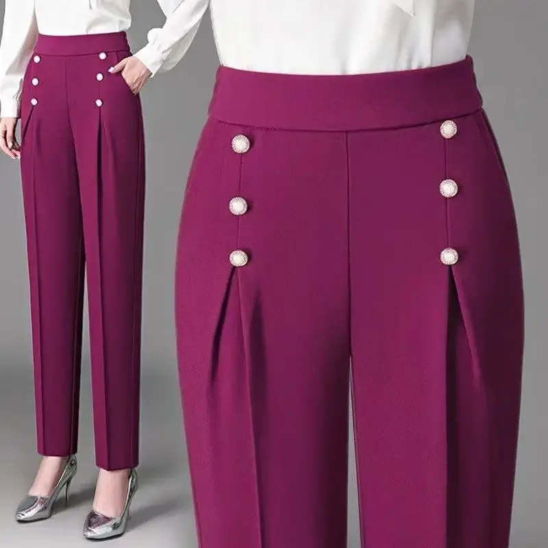 

Korean Fashion New High Waist Ice Silk Women Pants Thin Solid Button Simple Casual Loose Straight Versatile Harlan Trousers2024