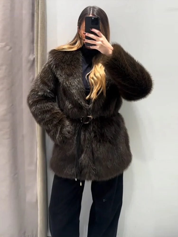 With Belt Fur Coat Fluffy Large Heart Shaped Waist Cinching Deep V Mid Length Overcoat Warm Plush Women Trend Outwear Winter Top