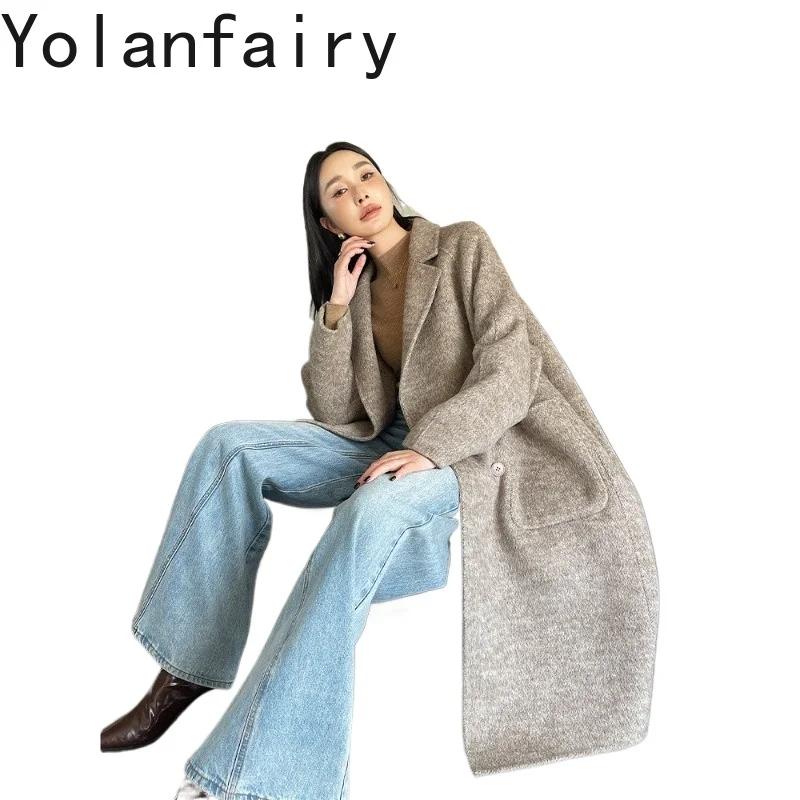 YOLANFAIRY Luxury Double-faced Camel Wool Coat Women Autumn Winter Loose Korean Style 80% Wool Jacket Blend Real Silk Overcoat
