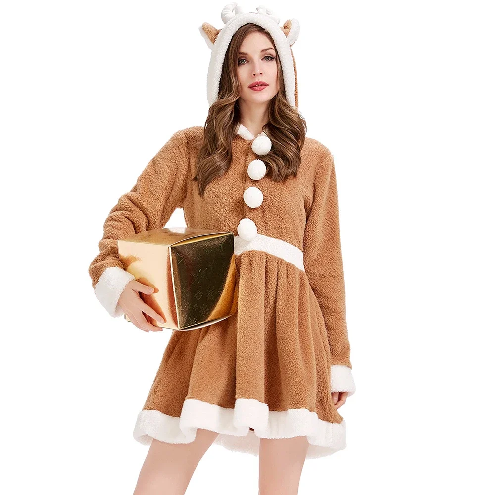 Women Christmas Cute Reindeer Elk Hooded Costume Autumn Winter New Year Carnival Party Sexy  Khaki Santa Claus Hoodie Dress