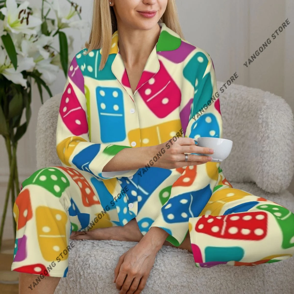 

Colorful Dominoes Illustration Womens Pajamas Loungewear Two-piece Sleepwear Button-Down Full Sleeve Long Pajamas Set