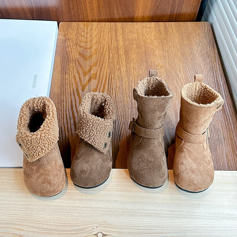 

Kids Leather Boots Suede Warm Round Toes Girls Princess Boots Versatile 2025 Winter Children Fashion Boots Casual Two-way Wear