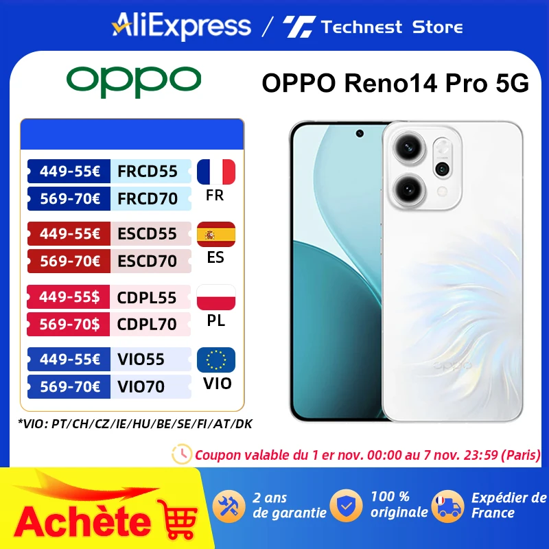 Version mondiale OPPO Reno14 Pro 5G Smartphone MTK Dimensity 8450 6200mAh batterie 6.83 pouces 120Hz AMOLED affichage 50MP caméra principale Version mondiale OPPO Reno14 Pro 5G Smartphone MTK Dimensity 8450 6200mAh batterie 6.83 pouces 120Hz AMOLED affichage 50MP caméra principale