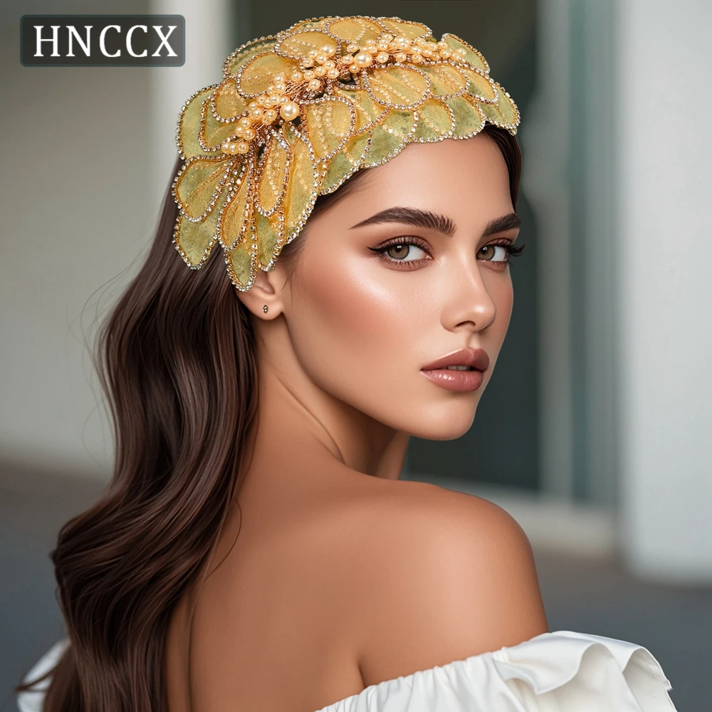 

HNCCX Luxury Gold Color Mesh Pearl Headband Bride Headpieces Wedding Hair Jewelry Handmade Flower Headwear Accessories CP681