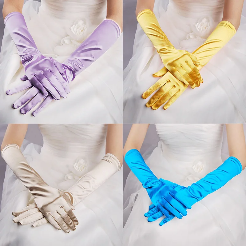 Guantes formales de fiesta de noche para mujer, manoplas de dedo largo de satén de Color sólido para eventos de boda, guantes Vintage rojos, negros