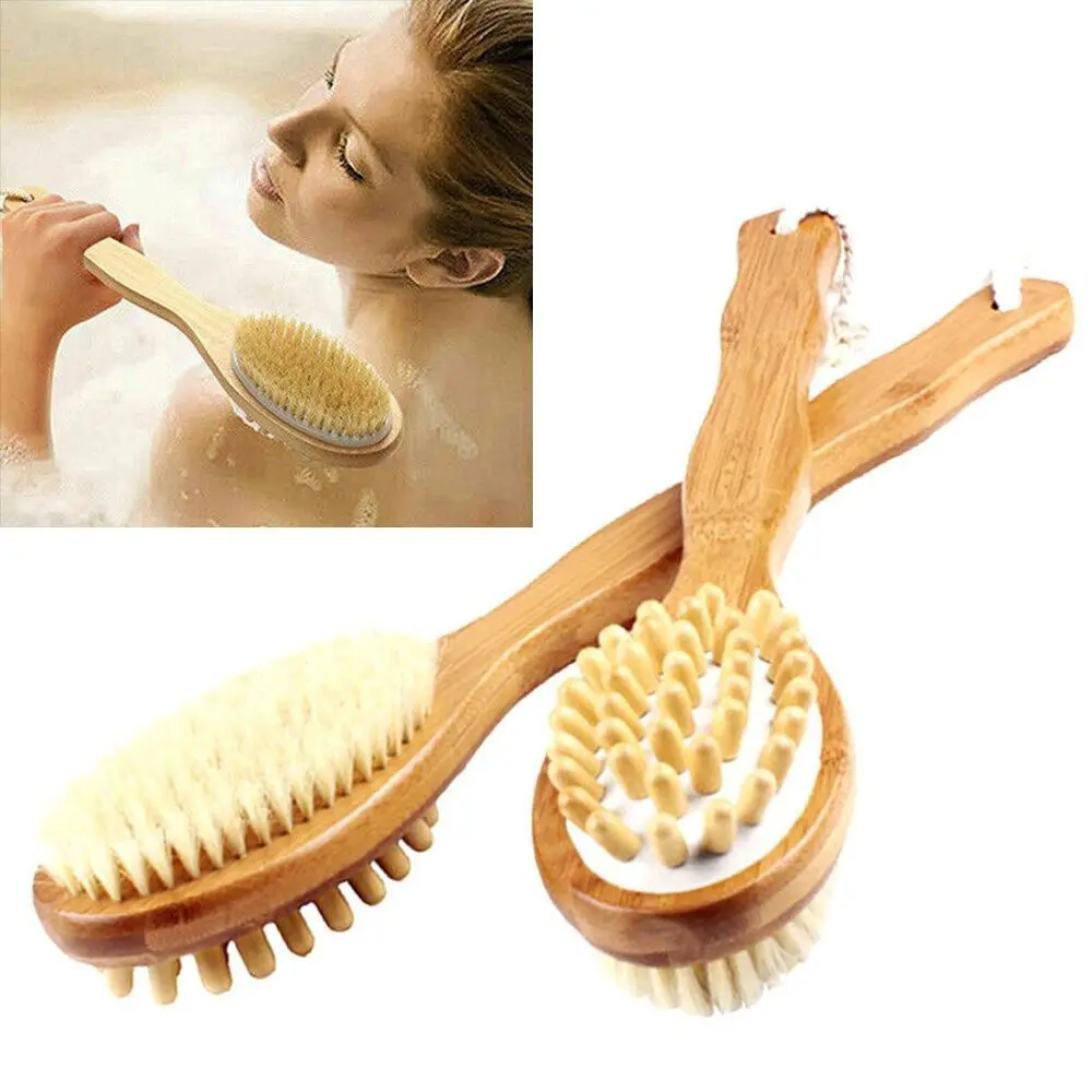 Bristle Body Bath Brush Back Scrubber Long Natural Wooden Handle Shower