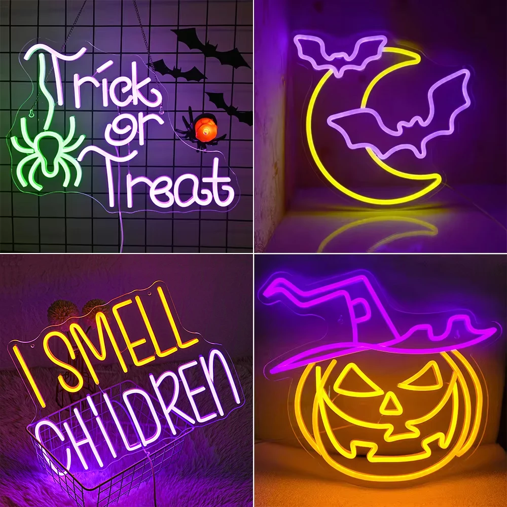 Trick Or Treat Neon Sign Funny Spider Candy Dimmable Led Neon Light For Halloween Party Home Living Room Shop Bar Wall Decor