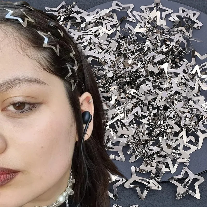 10/100pcs Y2K Silver Star Hair Clips Girls Filigree Star Metal Snap Clip Hairpins Barrettes Hair Jewelry Nickle Free Bobby Pin