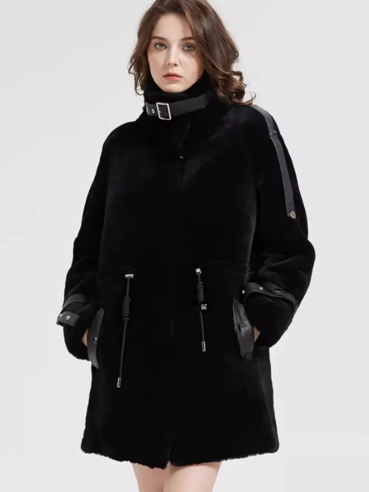 Winter Women Luxury Real Fur Winter Stand Collar Medium Long Fashion Sheepskin Shearling Coat Warm Genuine Leather Wool Jacket