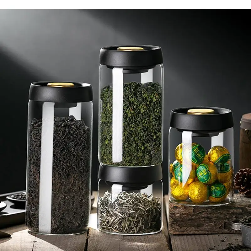 

Vacuum Tea Can Glass Storage with Cover Transparent Green Packaging Box Moisture-proof Sealing Pot Set