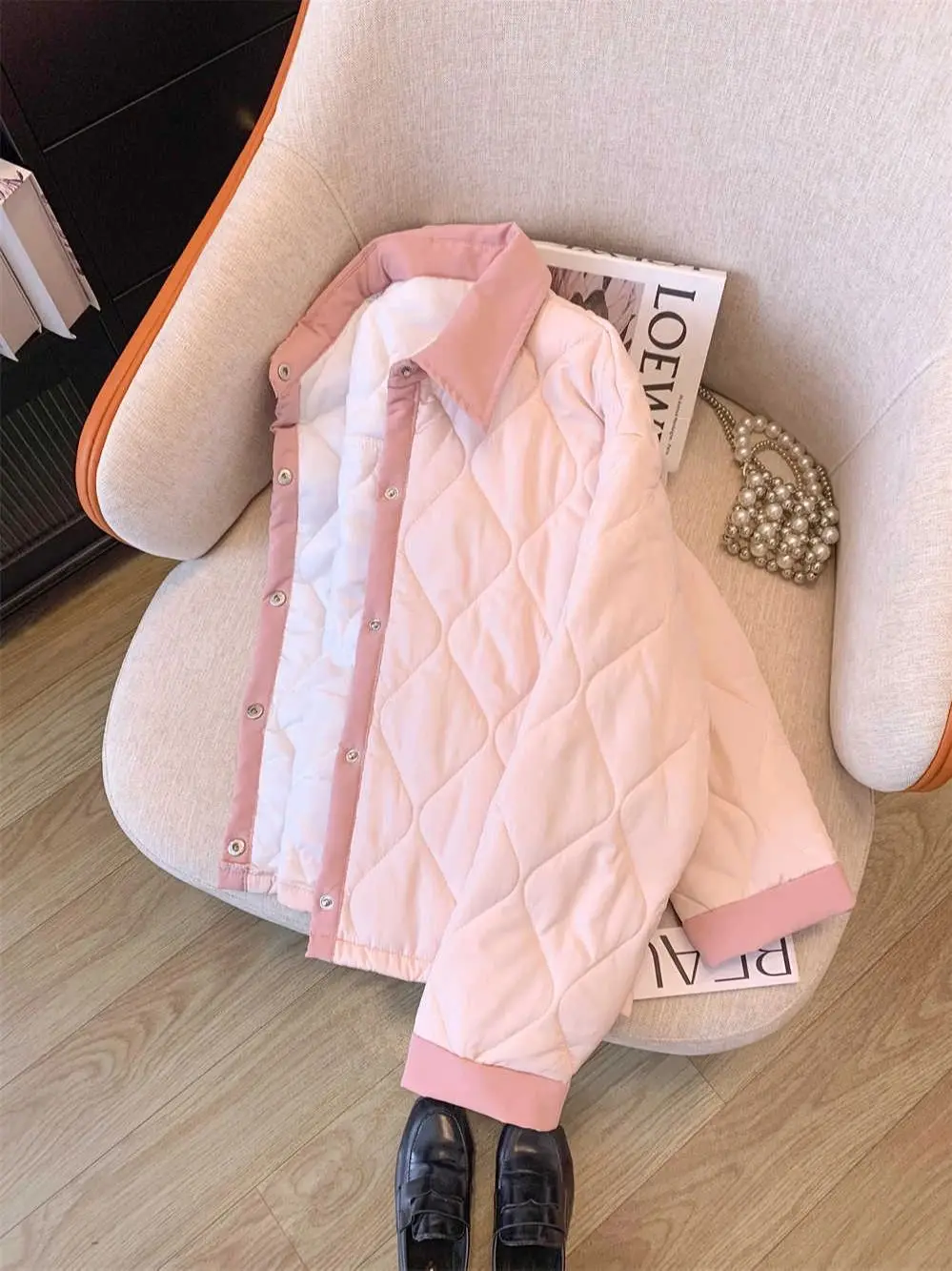 Women Autumn Winter Lightweight Quilted Jacket Warm Outerwear 2024 Fashion Pink Cotton Padded Coats Turn Down Collar Cotton Coat