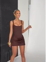 Sexy Backless Ruched Mini Dress Women Elegant Tapered Straps Square Collar Sleeveless High Waist Dresses 2025 Lady Party Gown - Image 6