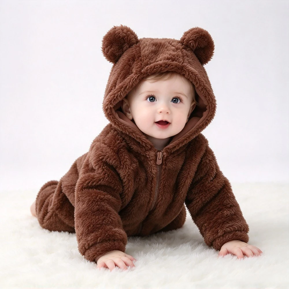 Cute Teddy Bear Baby Onesie Soft Coral Fleece Hooded Romper Zipper Infant Toddler Autumn Winter Warm Bodysuit Photo Costume