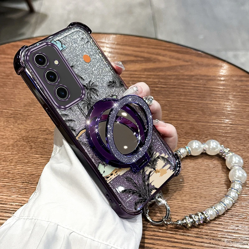 

S24 Coconut tree Plating Bracelet Holder Phone Case For Samsung S24FE S25Ultra S24Ultra S23Plus S23FE S25 S24 S23Ultra Cover