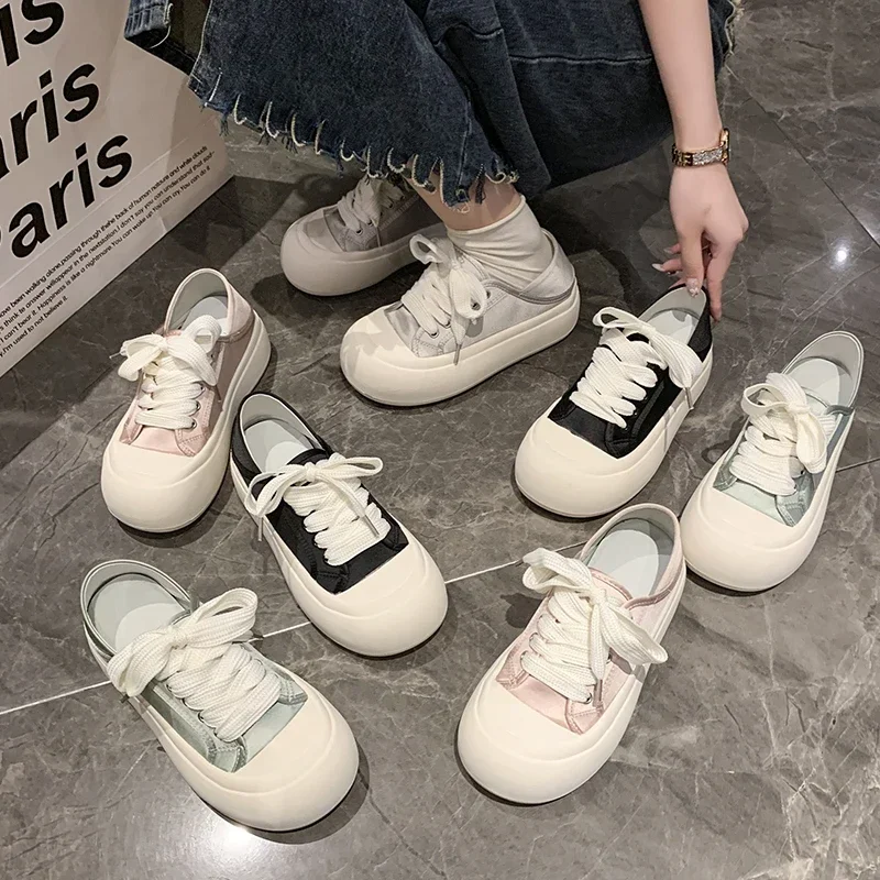 Ugly and Cute Big Head Bread Shoes Versatile for Women 2024 New Fashion Spring Autumn Silk Thick Sole Little White Shoes