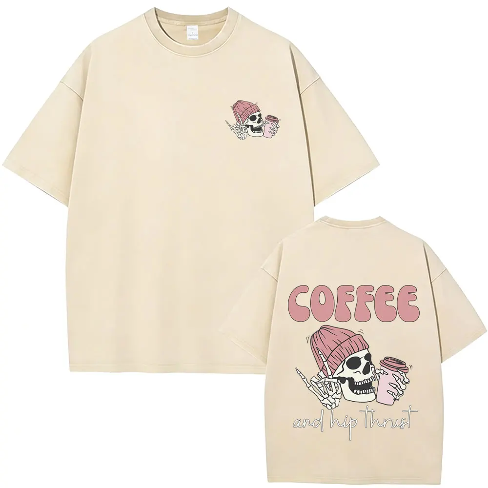 

Coffee and Hip Thrust Skeleton Vintage Washed T Shirt Men Women Fashion Gym Fitness T-shirt Unisex 100% Cotton Oversized Tshirt