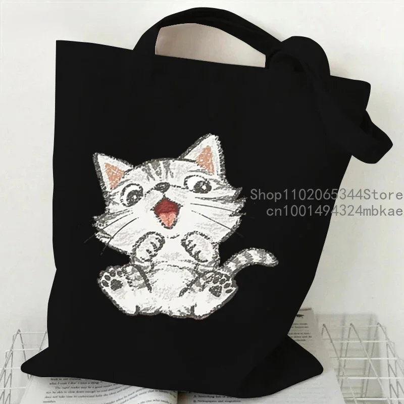 Canvas Tote Bag Women\'s Cute Comic Cats Shoulder Bag Student Portable Designer Shopping Bags Cartoon Kitten Men Casual Handbags