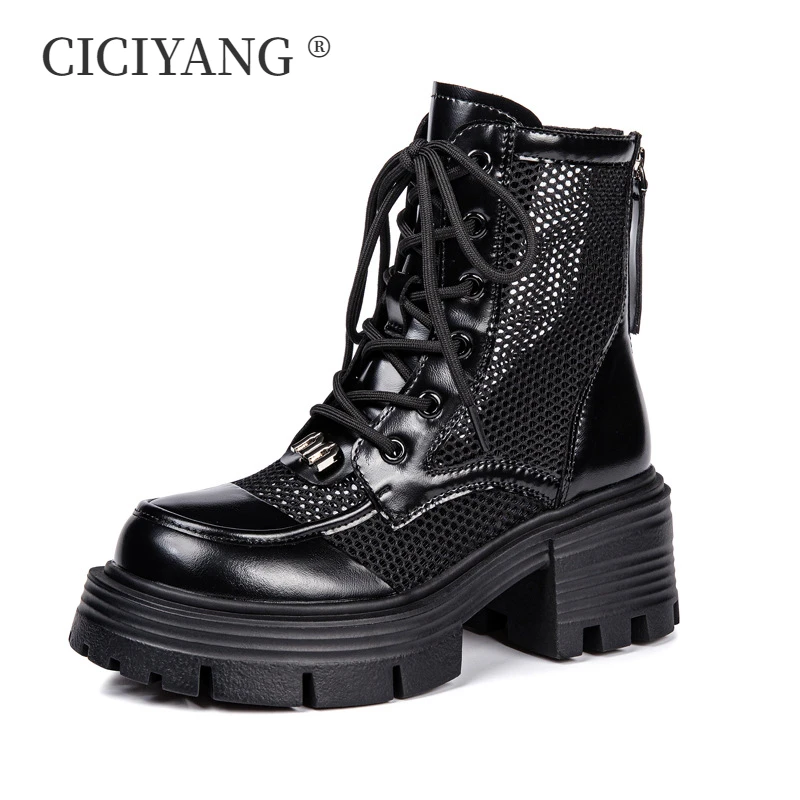 

CICIYANG Genuine Leather Mesh Marton Boots Women 2024 New Summer Breathable Boots Platform High Heel Ladies Roman Sandals