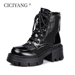 CICIYANG Genuine Leather Mesh Marton Boots Women 2024 New Summer Breathable Boots Platform High Heel Ladies Roman Sandals