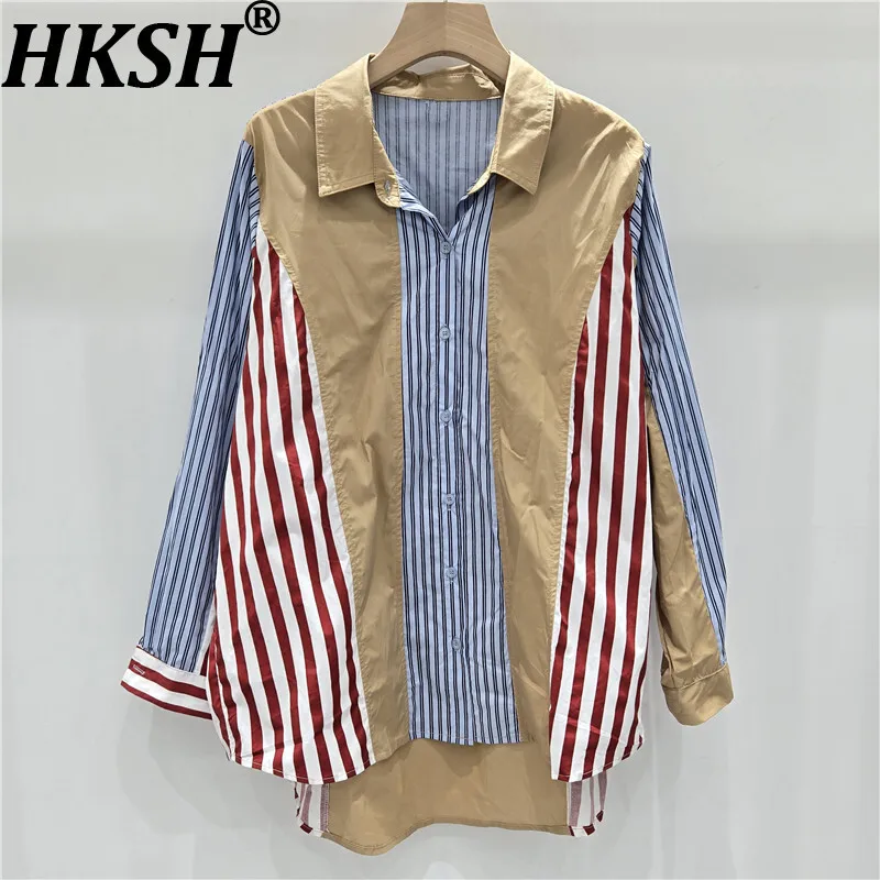 

HKSH весна осень новая женская рубашка модная элегантная нерегулярная полосатая лоскутная дизайнерская куртка свободные ленивые повседневные нишевые топы HK12776