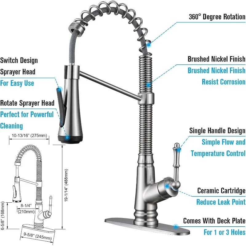 Single Handle Kitchen Sink Faucet with Pull Down Sprayer, Single Level Pull Out Kitchen Faucet, Brushed Nickel