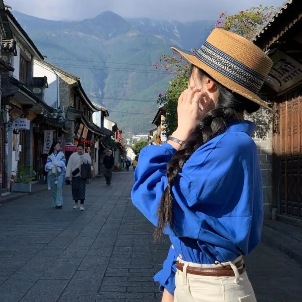 

Sweet UV Protection Weave Straw Hat Boho Ethnic Style Sun Protection Cap Foldable Sunscreen Outdoor Visor Cap Spring