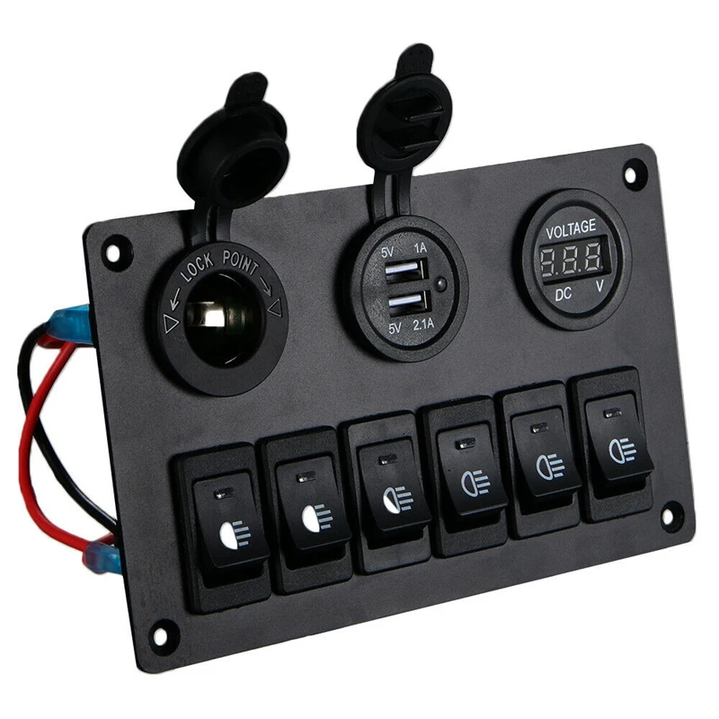 6 Gang Switch Panel With 12V-24V LED Digital Voltmeter Dual USB Charger Lighter Socket For RV Truck Boat SUV