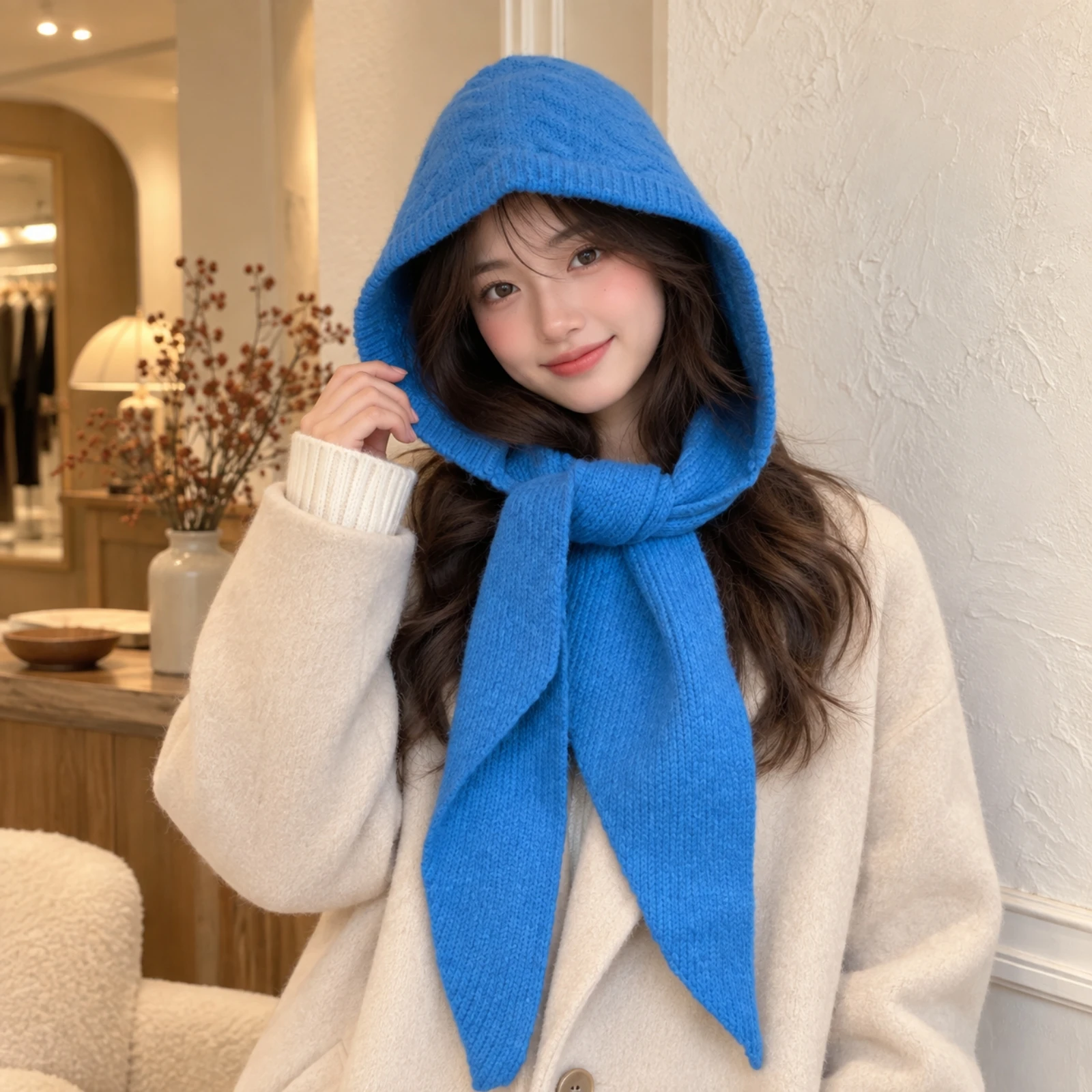 Knitted Hooded Scarf with Ribbed Edging Soft Pointed-End Hooded Scarf Knitted Stylish Winter Accessory Chic for Outdoor Walks