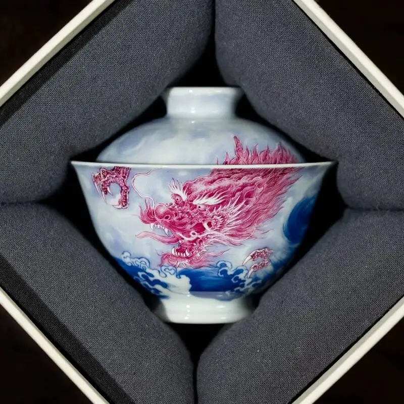 Sacred Mountain Blue And White Porcelain Gemstone Red Dragon Jingdezhen Ceramic Set, Tea Brewing Cover Bowl