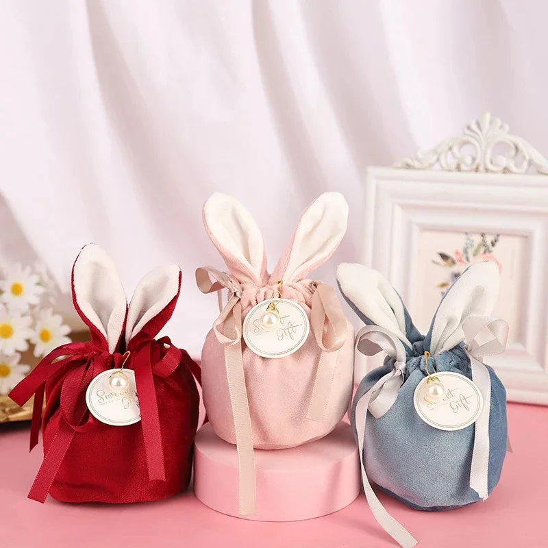 New Rabbit Ears Candy Bag Easter Bags Velvet Draw String Candy Bags Gift Packing Bags Party Decoration Navidad Drop Shipping