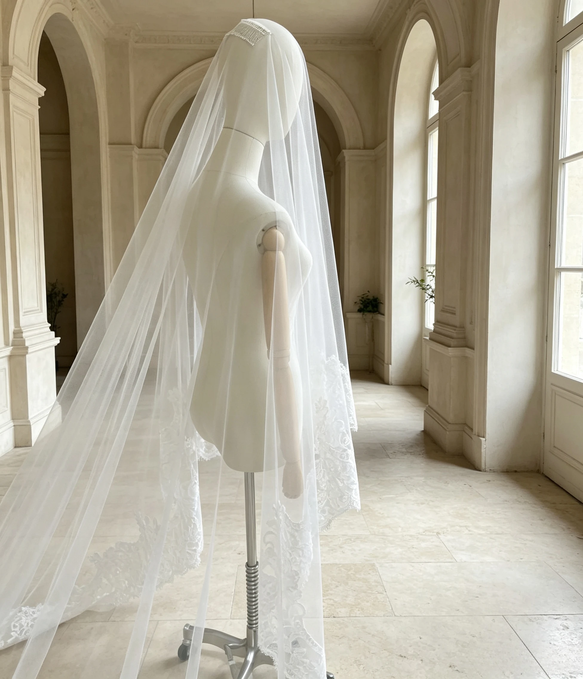Chantilly Lace Cathedral Wedding Dress Veil with Blusher 2-Tier Bridal Veil Soft Tulle Mantilla Eyelashes with Lace Edge